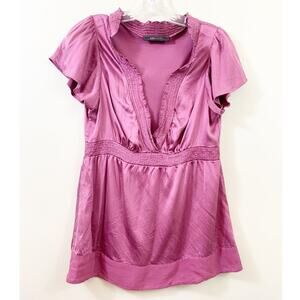BCBGMaxazria Silk V-Neck Flutter Sleeve Short Sleeve Purple Plum Blouse
